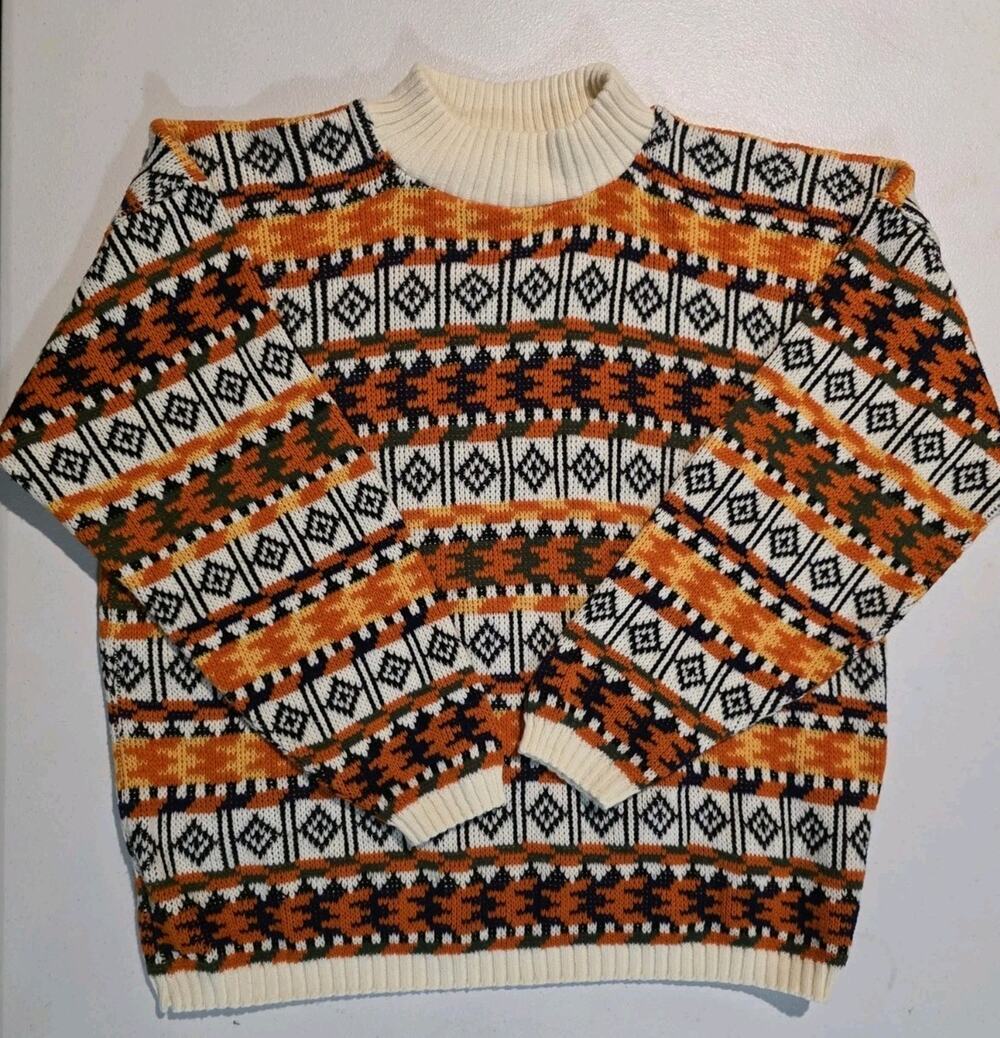 VTG Liberty Knits USA Aztec Geometric Fall Sweater Orange Cream Pullover